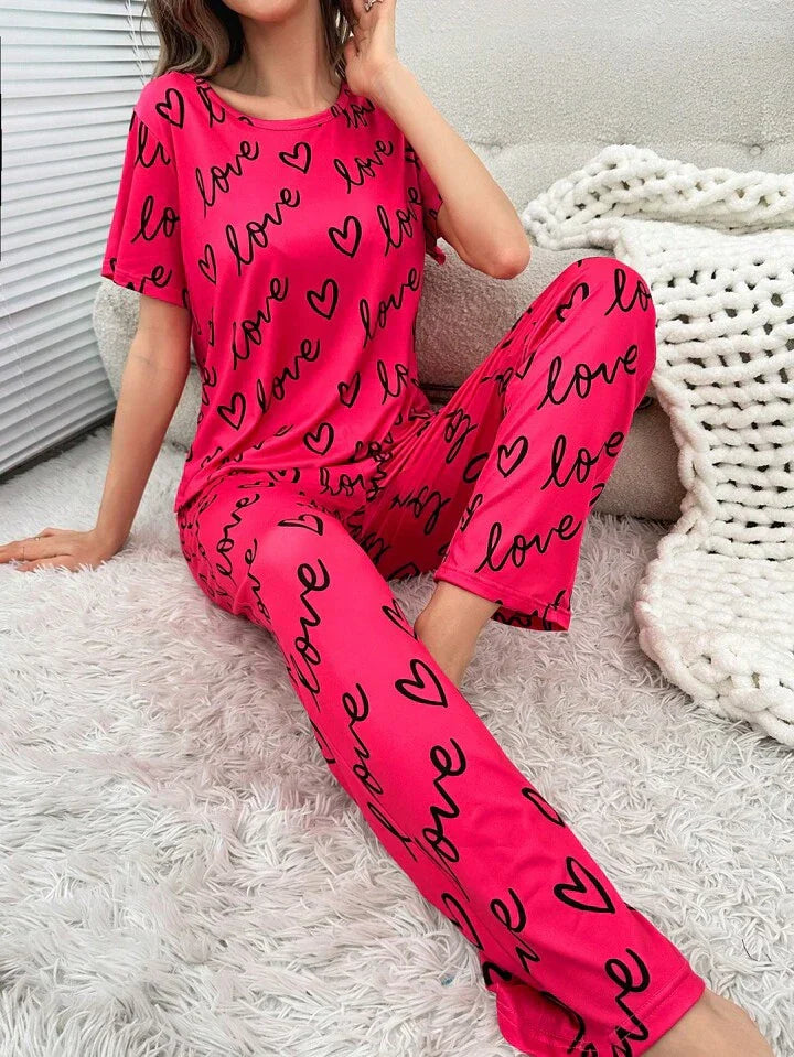 Atishi Pink Love Heart Printed Night Suit