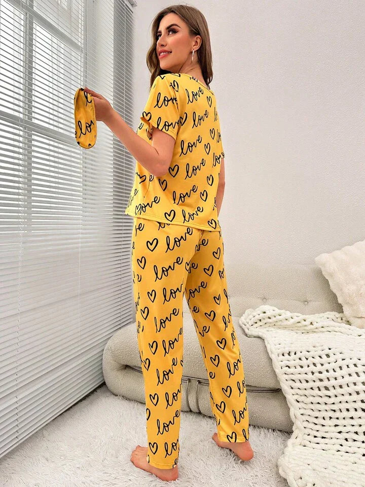 Yellow Love Heart Printed Night Suit