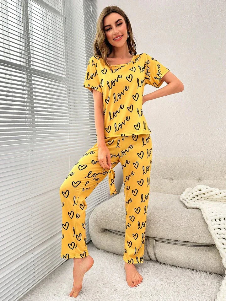 Yellow Love Heart Printed Night Suit