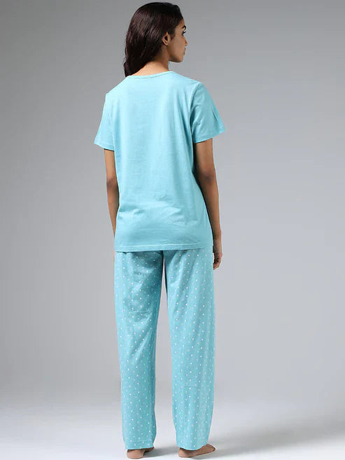 Sea Green Stay Cute Printed Night Suit