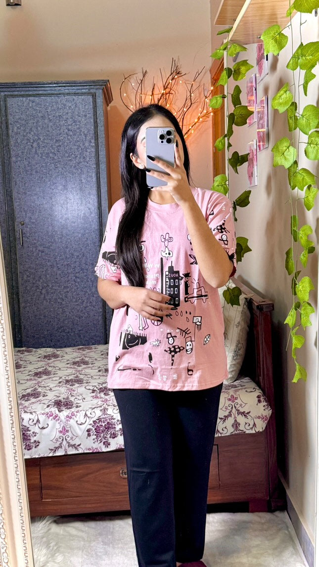 Pink Planet Music With Black Pajama Printed Night Suit