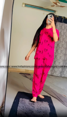 Atishi Pink Love Heart Printed Night Suit