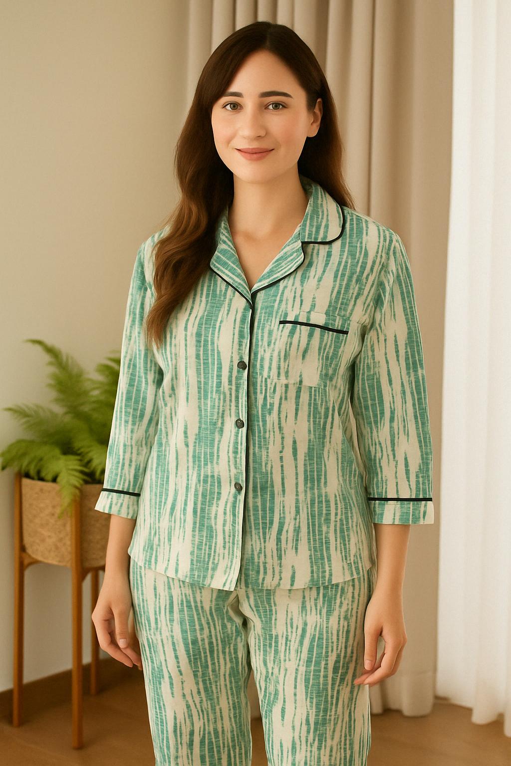 Printed Pajama Shirt Set with Matching Scrunchies πΈ