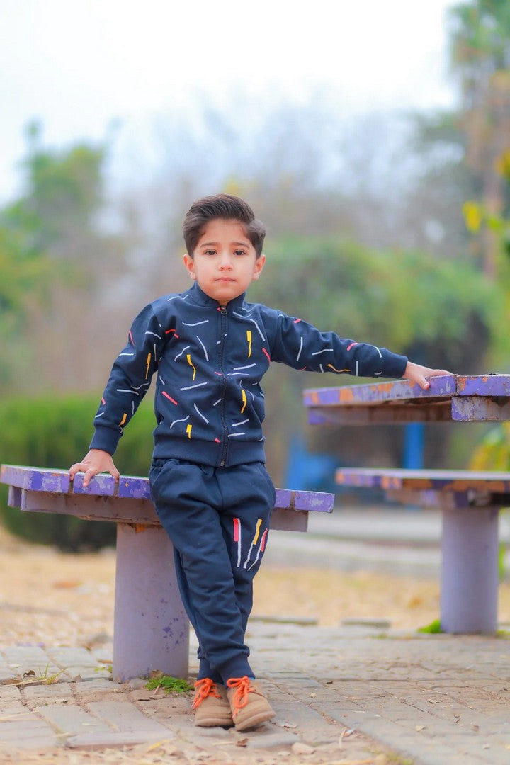 Kids Blue Printed Zipper Jacket With Trouser (2 Piece)
