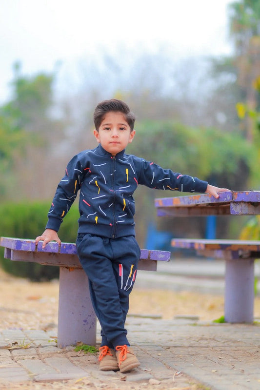 Kids Blue Printed Zipper Jacket With Trouser (2 Piece)