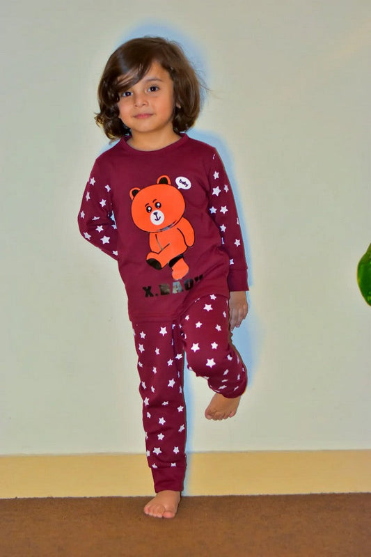 Maroon Teddy Bear Printed Kids Wear (Each)