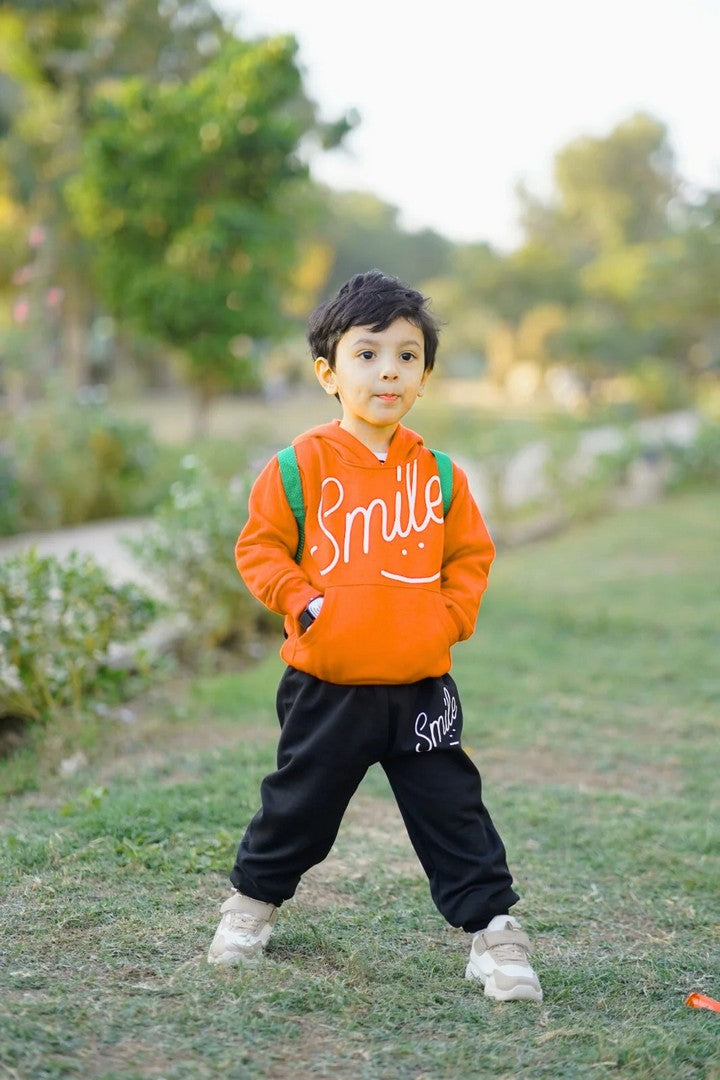 Orange Smiley Printed Hoodie With Trouser For Kids