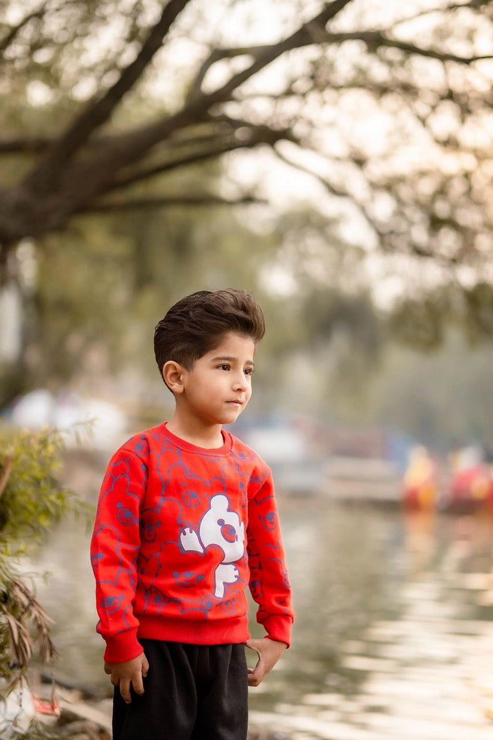 Red Bears Print Sweatshirt With Trouser For Kids (2 Piece)