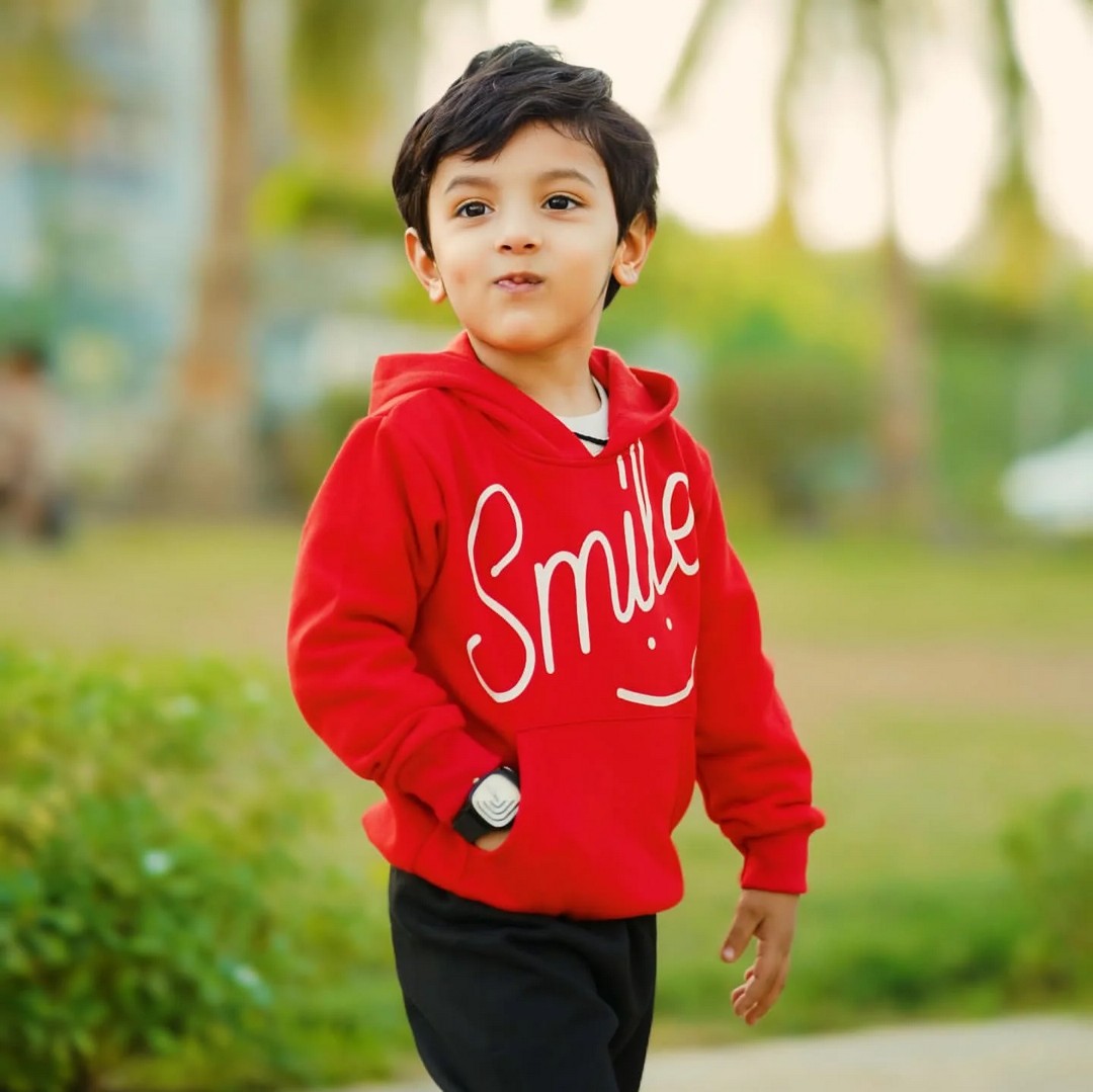 Red Smiley Printed Hoodie With Trouser For Kids