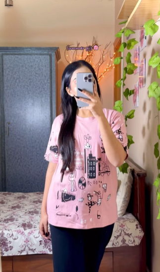 Pink Planet Music With Black Pajama Printed Night Suit