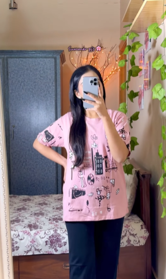 Pink Planet Music With Black Pajama Printed Night Suit