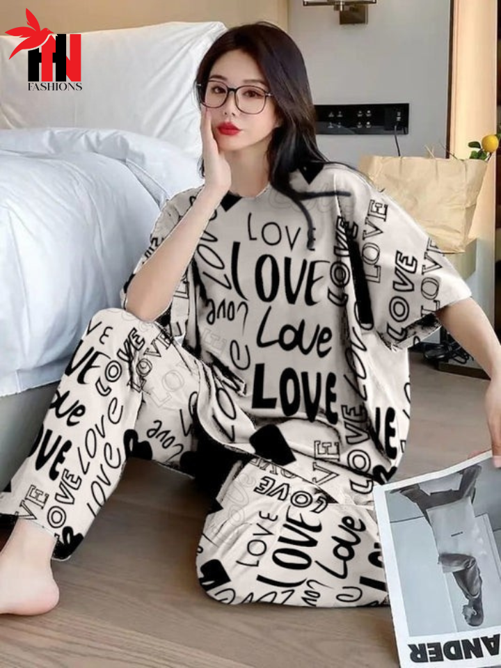 Drop Shoulder Love Printed  Night Suit