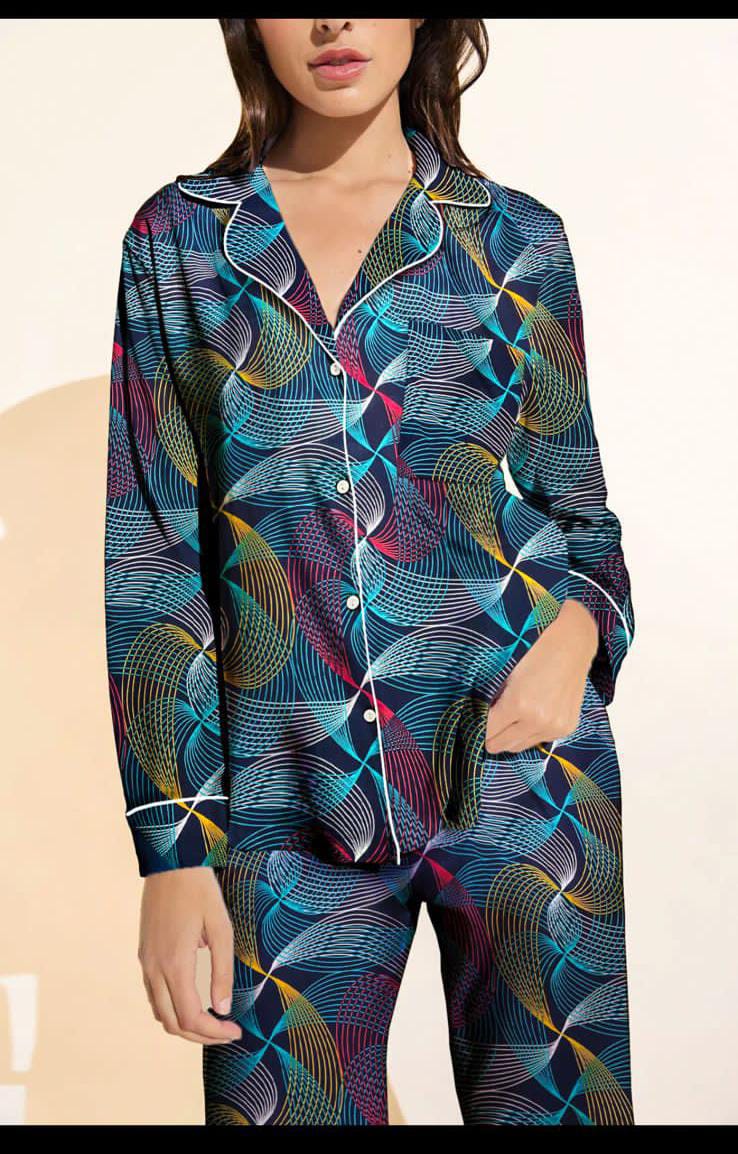Multi-Print Linen Pajama Set – Soft & Stylish Nightwear for Women