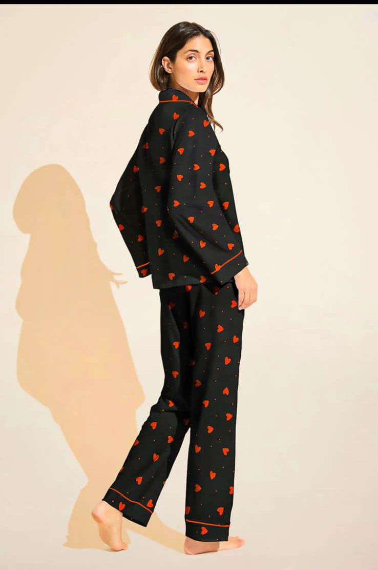 Heart Printed Linen Pajama Set – Soft & Cozy Nightwear for Women |