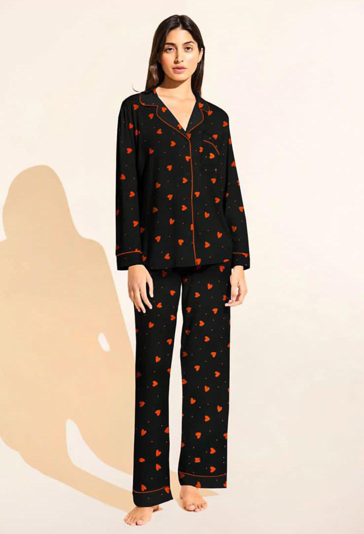 Heart Printed Linen Pajama Set – Soft & Cozy Nightwear for Women |