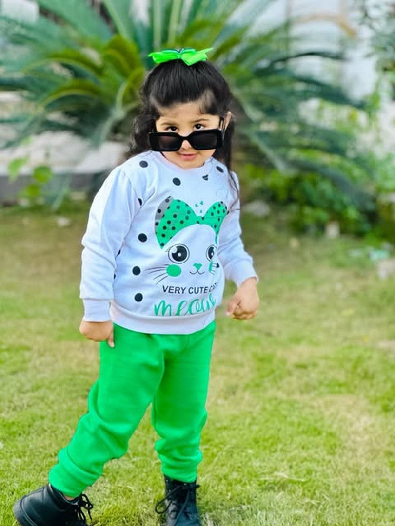 White Meow Printed Sweatshirt With Trouser For Kids