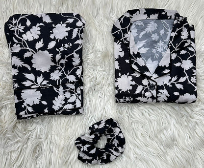 Printed Pajama Shirt Set with Matching Scrunchies 🌸