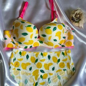 Fancy Printed Lemon Design Pushup Bra Panty Set