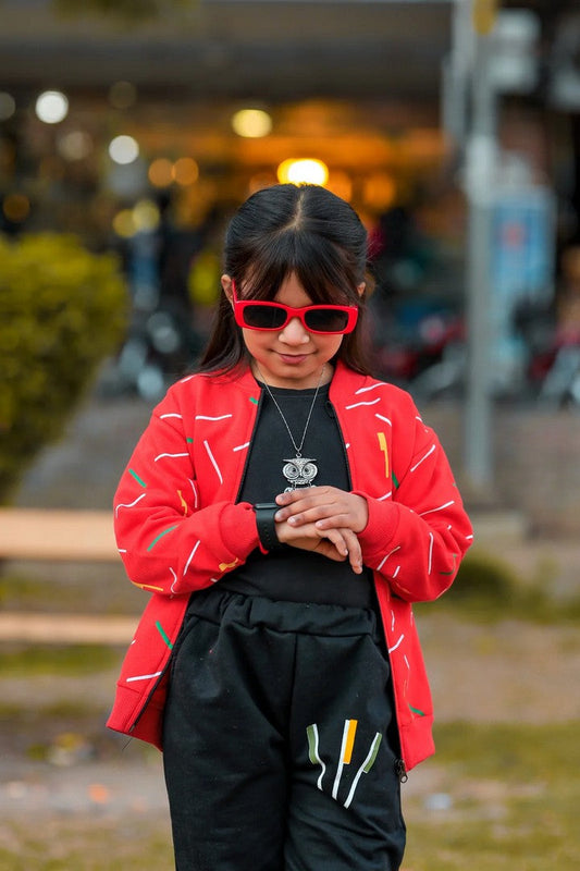 Kids Red Printed Zipper Jacket With Trouser (2 Piece)