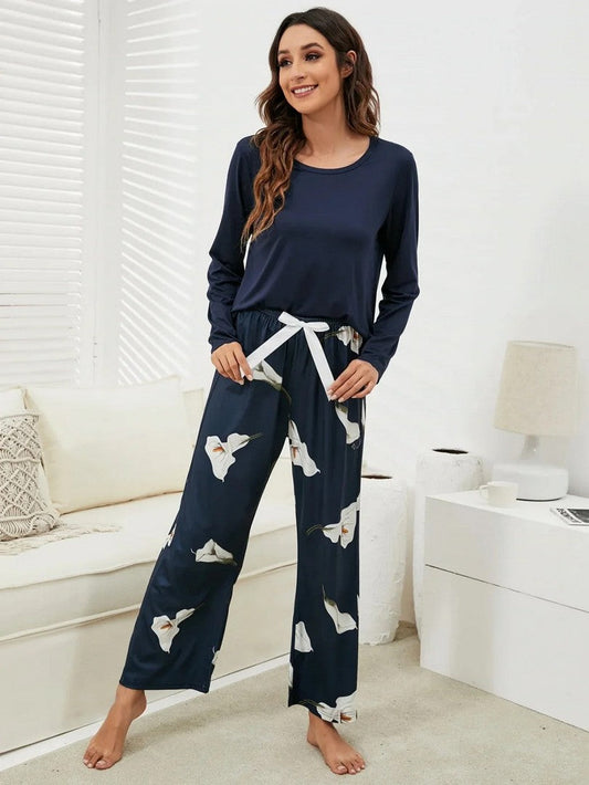 Navy Blue Pulip Flower Night Suit For Women
