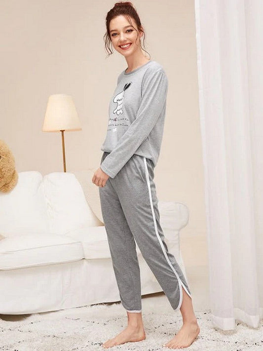 Rabbit Printed Piping Printed Night Suit