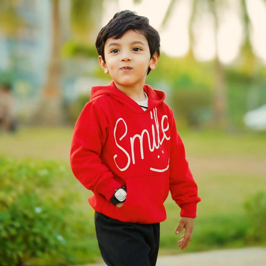 Red Smiley Printed Hoodie With Trouser For Kids