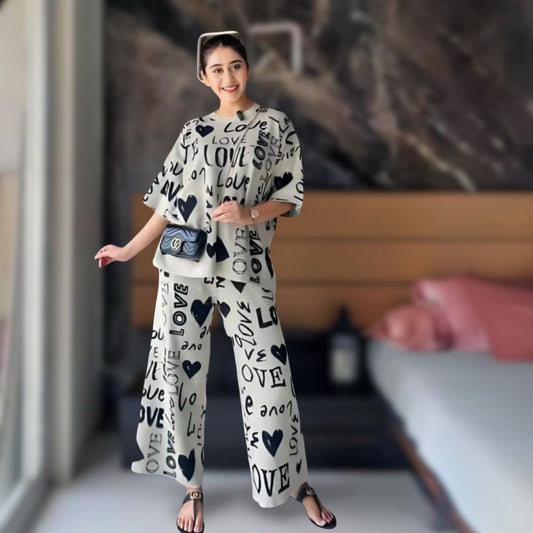Drop Shoulder Love Printed  Night Suit
