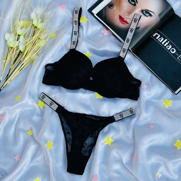 Wired Rhinestone Strap Bra & Panty Set – 1st Copy of Victoria's Secret -