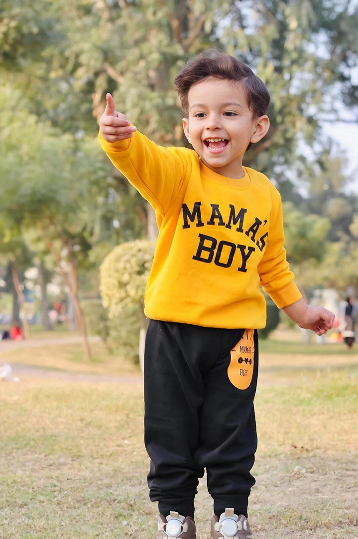 Yellow Mama's Boy Printed Sweatshirt With Trouser For Kids